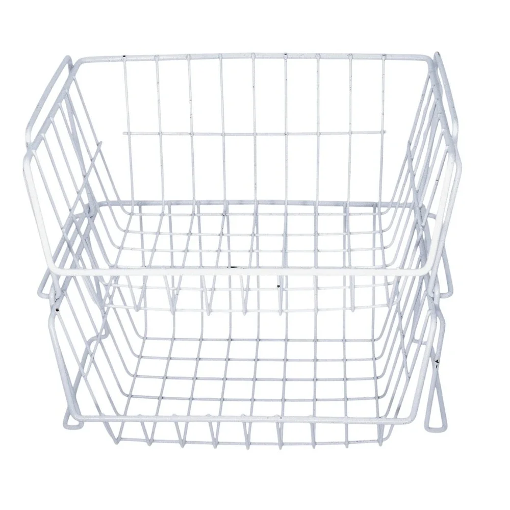 White Wire‎ Stacking Baskets Set 2 Heavy Duty Metal Storage Organizer 18x13x8in